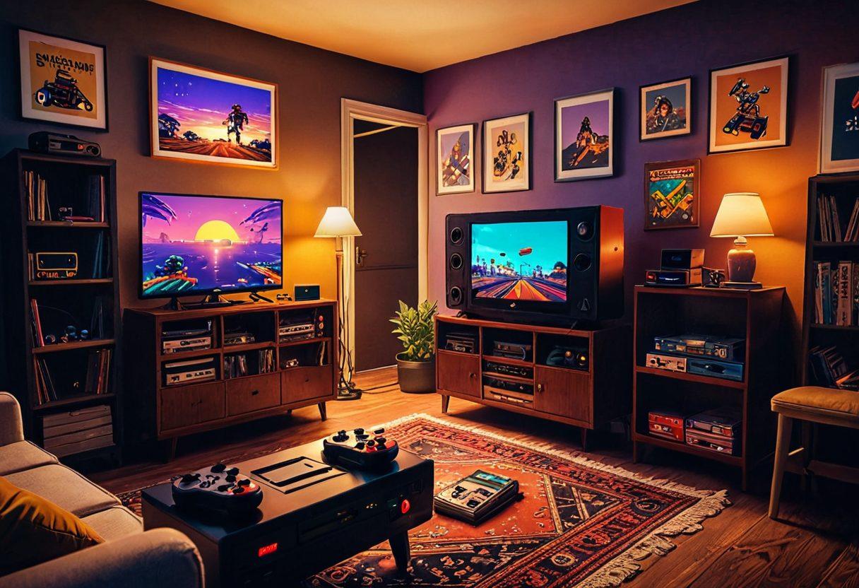 A heartwarming scene depicting a retro gaming setup, with an old-school console and colorful game cartridges scattered around. In the background, a pixelated sunset casts a warm glow over nostalgic posters of classic games. A character in vintage gaming attire holds a game controller, immersed in gameplay with a look of joy and reflection. Emphasize vibrant colors and a cozy atmosphere, evoking memories of childhood gaming. super-realistic. vibrant colors.