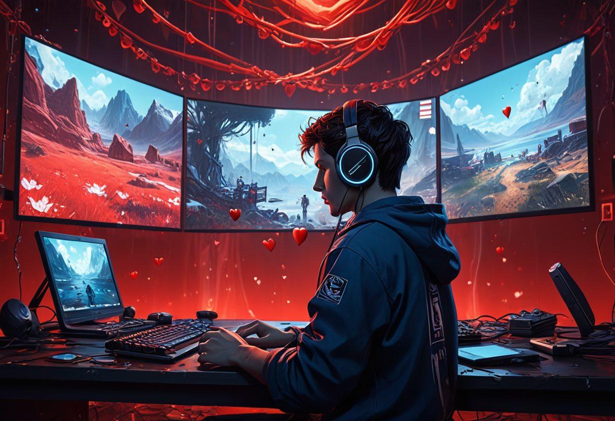 A dynamic scene showcasing a collection of powerful computer screens displaying heartwrenching game simulations, each with emotional characters and immersive scenery. In the foreground, a gamer wearing headphones is engrossed in a gripping moment, with tears glistening in their eyes. The background features a swirl of iconic game elements like hearts and broken chains symbolizing emotional connections and challenges. A color palette of deep reds and blues creates a dramatic atmosphere. futuristic digital art. vibrant colors. 3D.