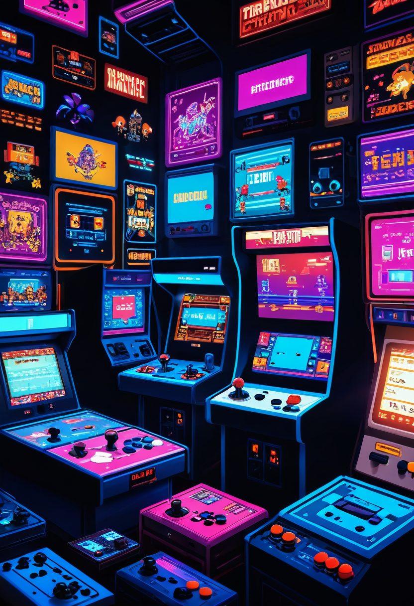 A nostalgic scene featuring various retro gaming consoles and controllers, surrounded by pixelated graphics and vibrant 8-bit characters. The background showcases a colorful arcade atmosphere with neon lights, creating a sense of excitement. Elements such as a computer screen displaying a user-friendly emulator interface and game cartridges scattered around enhance the theme of high-performance gaming. The overall style should be vibrant and playful, reminiscent of classic video games. pixel art. vibrant colors.